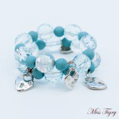 Bracelet perles bois bleues et cœurs argentés